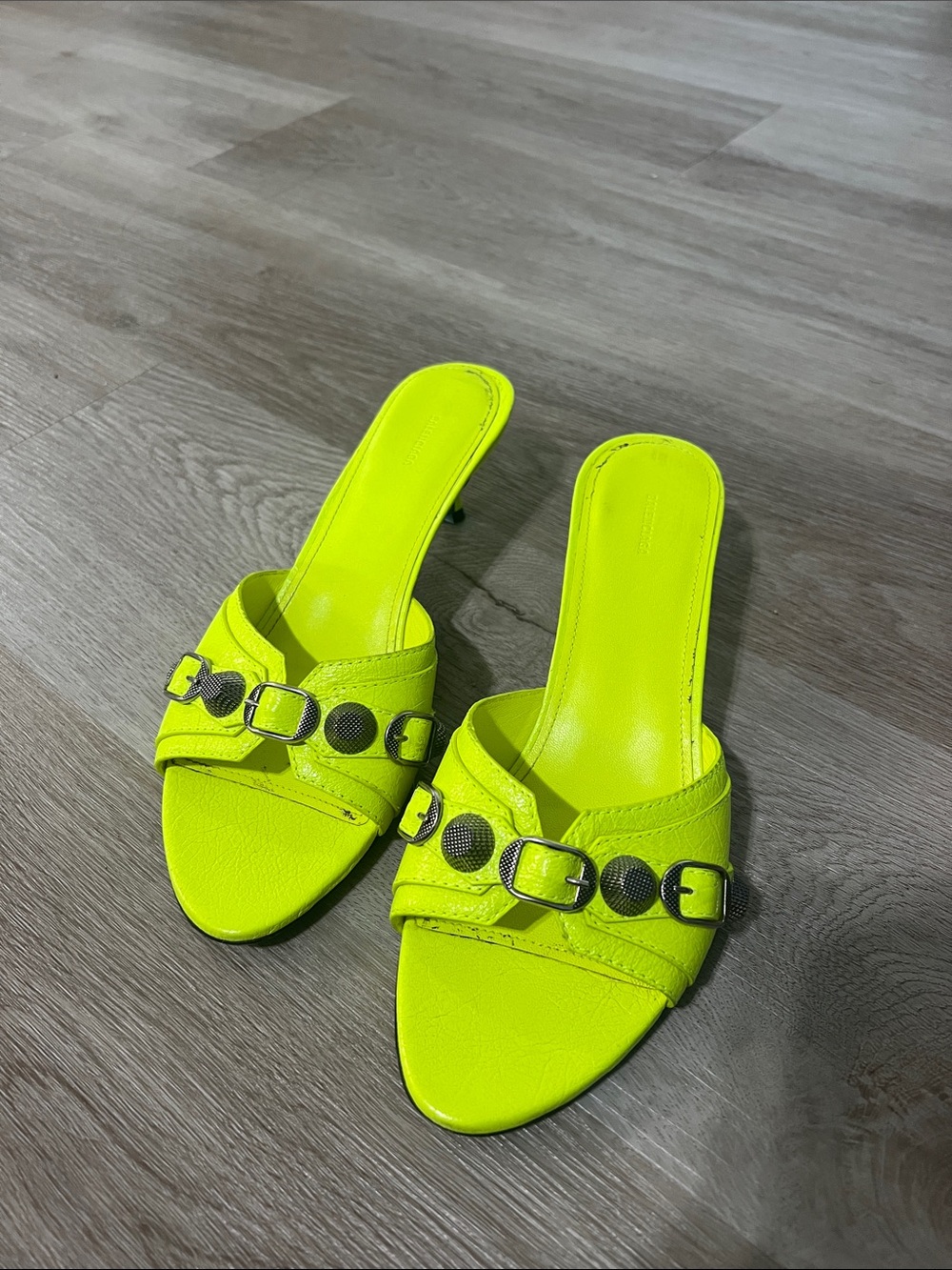 BALENCIAGA Cagole Flou Yellow 50mm Sandal  Kitten Heels - Picture 2 of 11
